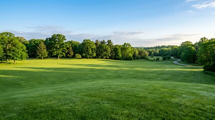 Obraz premium Beautiful natural day landscape an idyllic lush green public park lawn with a forest tree fringe background under a sunny sky, offering empty space for recreation and refresh