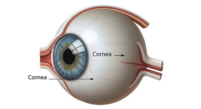 Oblique anatomical illustration of the human eye highlighting two labeled regions of the cornea, demonstrating its continuous curved surface over the iris and pupil and its crucial role as the primary