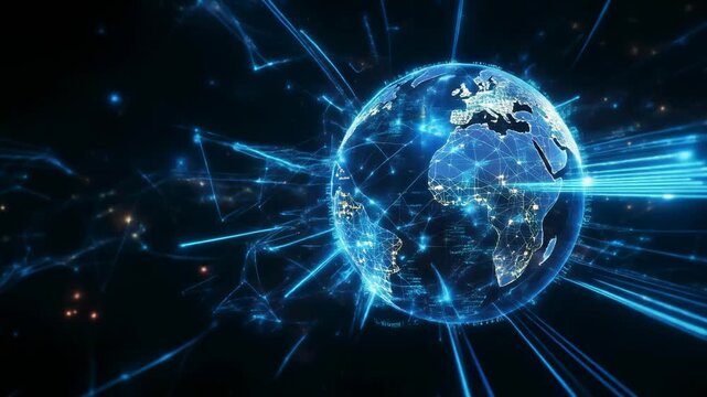 Futuristic Earth globe with glowing data streams and global network spinning in vibrant blue 4K animation