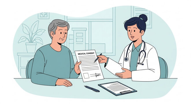 Doctor presenting medical consent form to elderly male patient for signature in clinical office setting illustrated vector