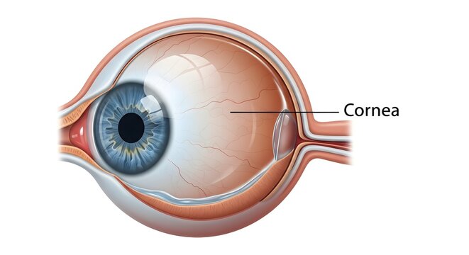 Lateral anatomical illustration of the human eye emphasizing the transparent cornea at the front of the globe, showing its junction with surrounding sclera and eyelids to provide a smooth refractive w