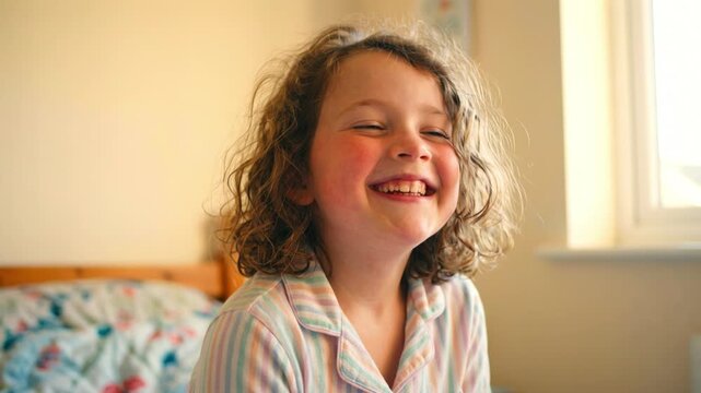 Little girl yawning and smiling in bedroom. Sleepy child waking up in the morning. Happy kid morning routine and childhood emotion concept
