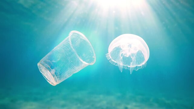 Plastic cup floating next to a jellyfish underwater. Ocean pollution and marine ecology contamination. Sunlight shining through blue water