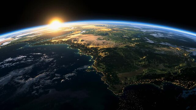 Slow orbital flyover of Earth showing city lights and sunrise over the planet's horizon in stunning 4K