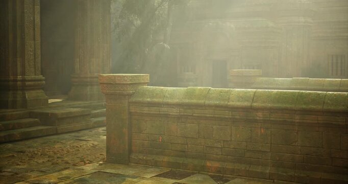 Sunlight filters through a misty atmosphere, illuminating weathered stone pillars and steps in an ancient ruin. Green moss hints at centuries of history in this serene setting.