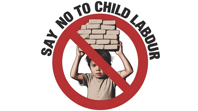 Child carrying bricks on head, say no to child labor message