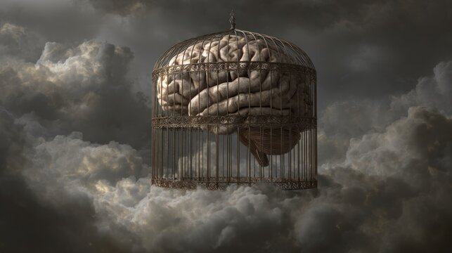 Futuristic illustration of a human brain encased in a metallic cage floating amidst dark, ominous clouds, symbolizing mental confinement and psychological barriers
