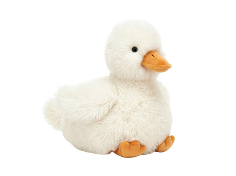 Cute long soft fluffy faux fur texture White Duck Plush Toy Kids Room Decor isolated on white or transparent background. PNG die-cut for advertising