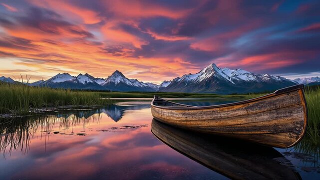 Vibrant alpenglow sunset over snowy mountains with wooden canoe on calm reflective lake water