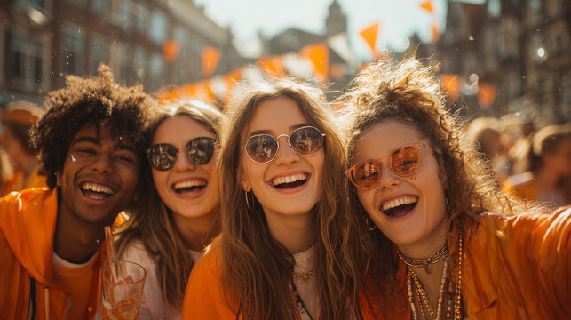 Happy friends taking selfie during Kings Day celebration in Netherlands orange outfit festival street party lifestyle concept