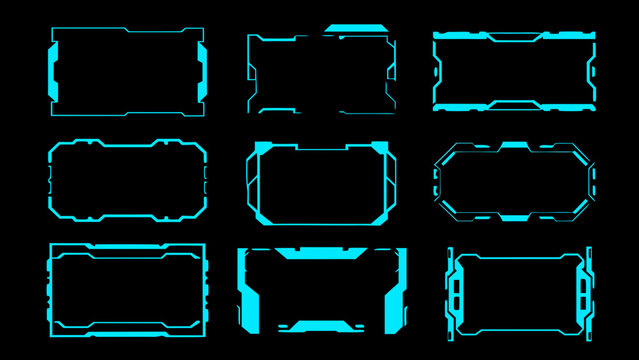 Futuristic neon blue frames and borders on a black background
