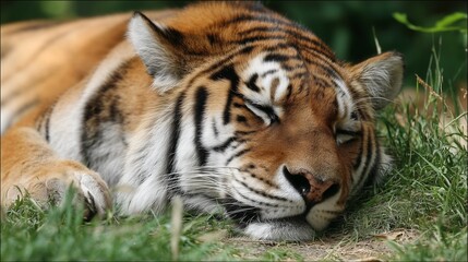 Obraz premium Closeup tiger resting in natural habitat with striking stripes and intense wildlife portrait detail.