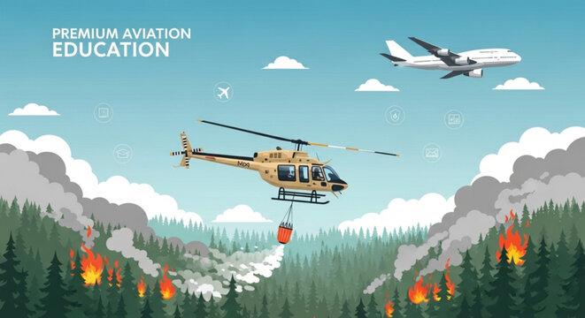 Helicopter firefighting in forest with water bucket aerial view professional illustration for aviation training and wildfire suppression emergency concept