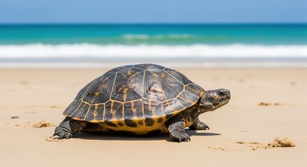 Obraz premium Magnificent sea turtle slowly ambles across a pristine sandy beach, its ancient gaze fixed on the calm, turquoise ocean under a clear, bright blue sky on a sunny day.