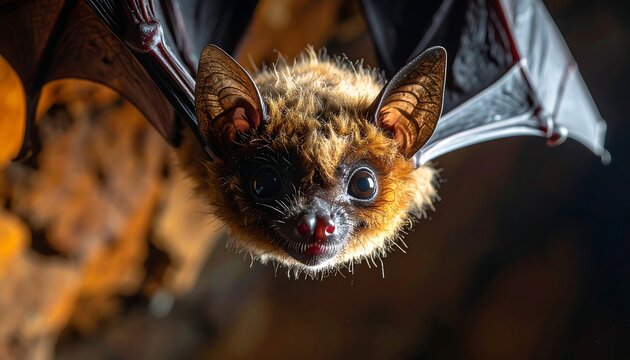 Close-up of a bat hanging upside down in a cave.
