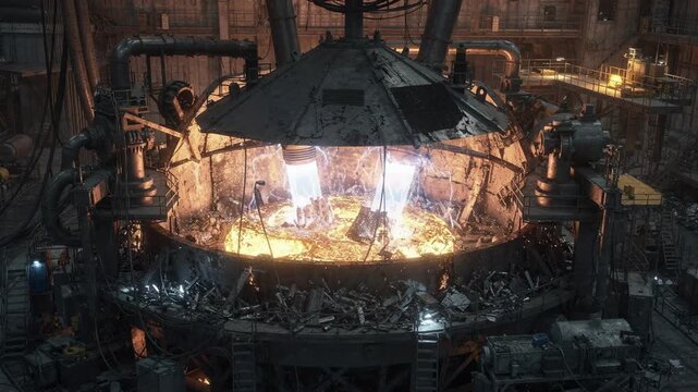 Industrial electric arc furnace meltdown with arcing electrodes above alloy charge roof closed focusing on the molten metal transformation in a controlled environment.