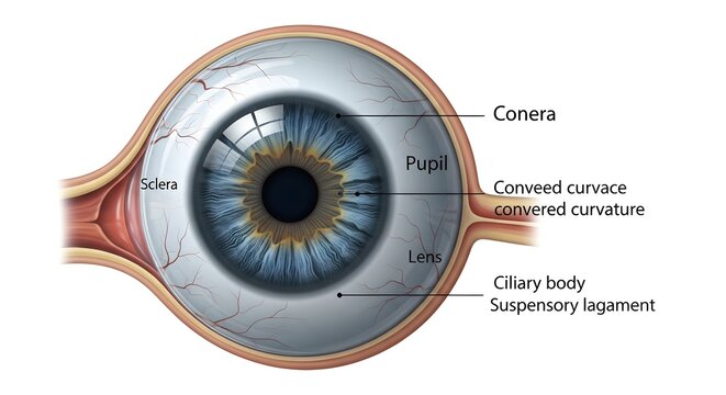 Anterior sectional illustration of the human eye highlighting cornea, pupil, lens, sclera, ciliary body and suspensory ligaments, explaining how the curved corneal surface and adjustable lens curvatur