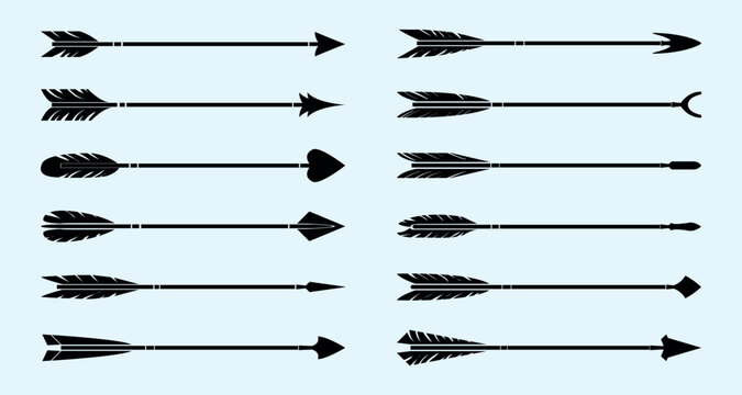 A set of twelve black silhouette arrows with various arrowhead designs, including feathers and different shapes, arranged in two rows on a light background. Element vector set.