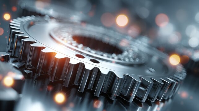 Abstract gear wheel with metallic texture and digital technology background featuring interconnected circular patterns and glowing bokeh effects