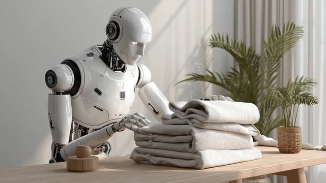 Robot folding towels in a bright room with a plant and simple furniture