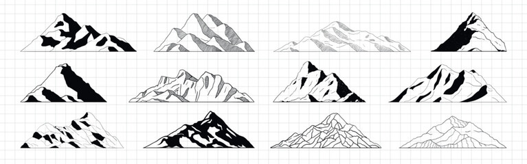 Fototapeta premium Illustrations of various mountain peaks in black and white. Mountain designs in different styles. Each mountain peak is unique and artistic. Nature elements, vector set.