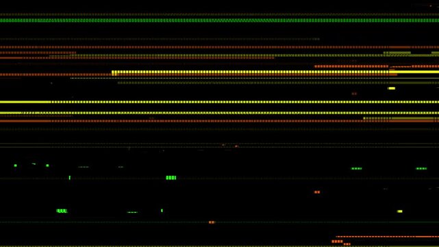 Abstract digital glitch overlay texture with yellow, orange, and green horizontal scanlines on a black background.