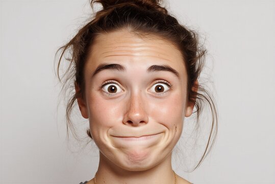 Funny surprised woman makes a guilty face showing an awkward mistake.