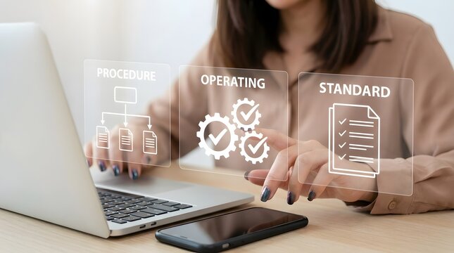 Businesswoman efficiently works on her laptop, interacting with holographic screens displaying "procedure", "operating", and "standard" icons, symbolizing clear sops.