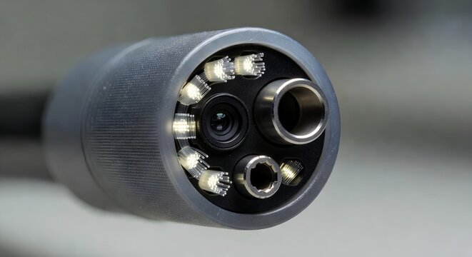 Detailed close-up of a medical endoscope tip featuring a tiny camera lens, led lights, and irrigation port, representing minimally invasive surgery