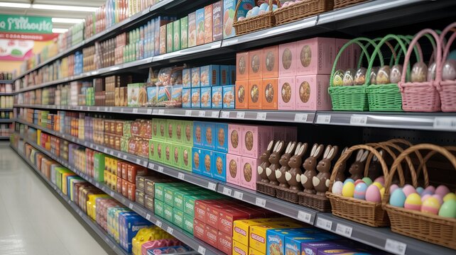 Bright retail store aisle fully stocked with easter holiday merchandise, including plush bunnies, egg decorating kits, candy, and seasonal decor