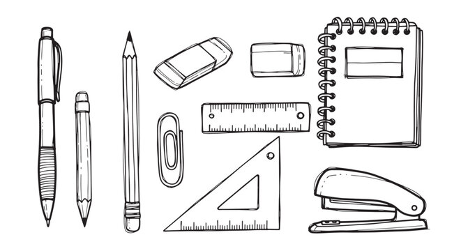 School stationery and office supply hand drawn vector icons. Desktop stapler and notebook with eraser and pen.