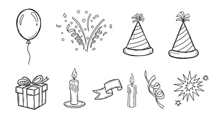 Fototapeta premium Birthday party celebration and event decor icons set. Hand drawn balloon, cake, and gift box party illustrations.