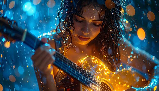 Musician playing in heavy downpour with rain turning into glowing sparks featuring vibrant blue yellow tones and high energy photography generative AI