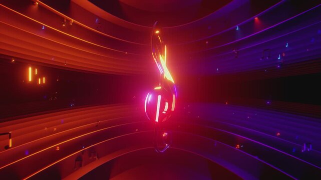 4K seamless VJ loop with glowing treble clef and music notes for classical concerts, stage screens, electronic festivals and LED video walls.