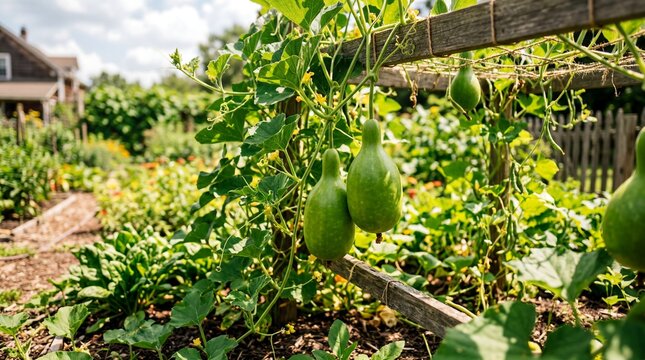 Green gourds hanging from a trellis in a lush garden with vibrant plants and a wooden fence in the background