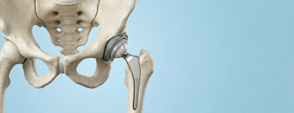 Hip joint replacement implant in human pelvis bone. Orthopedic surgery of femur joint. Artificial medical prosthesis for arthritis treatment. Anatomical model on light blue background, copy space