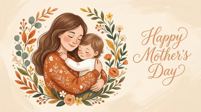 Illustration of mother with her little child, flower in the background. Concept of mothers day, mothers love, relationships between mother and child. Created with