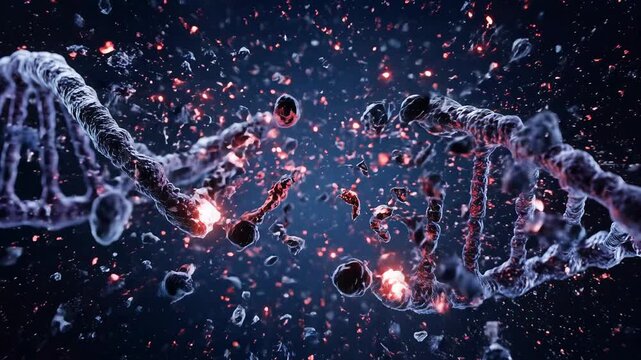 DNA Double Helix Breaking Apart in Microscopic View.