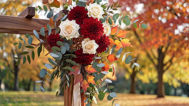Beautiful Autumn Wedding Arch Decorated with Burgundy and Cream Flowers.