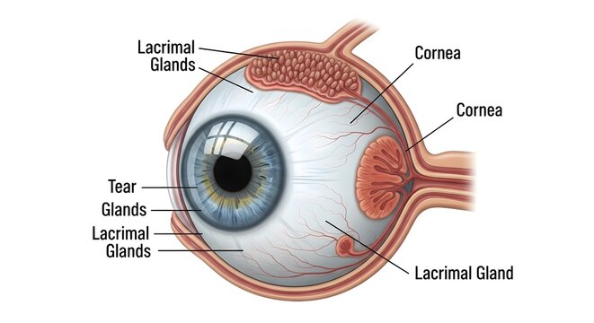 Comprehensive sagittal illustration of the human eye highlighting multiple lacrimal or tear glands and the cornea, showing how tear secretion spreads across the ocular surface to lubricate, nourish an