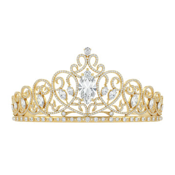 Exquisite yellow gold tiara with delicate filigree scrollwork and shimmering pave diamonds on a reflective white surface, atmosphere of refined regal luxury