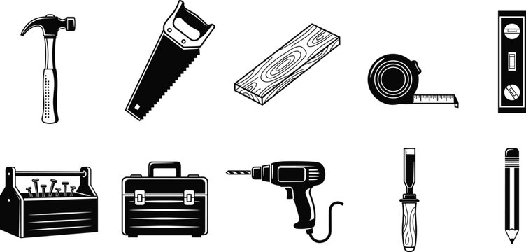 Carpentry tools set illustration hammer saw drill toolbox measuring tape chisel pencil wood equipment vector isolated design collection