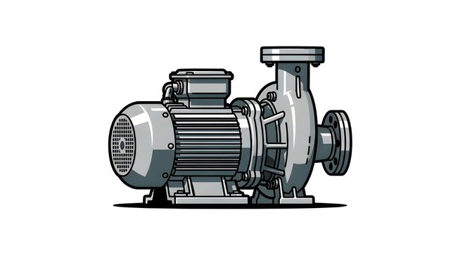 Professional vector illustration of a centrifugal industrial pump and electric motor assembly for fluid transport and water systems.
