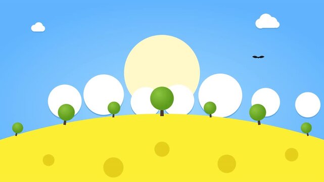 Bright cartoon sunrise over rolling yellow hills with simple green trees and fluffy white clouds