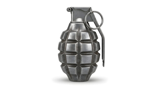 A 3d metal hand grenade isolated on a white background as a military army weapon object with a green explosive pin for danger and war icons