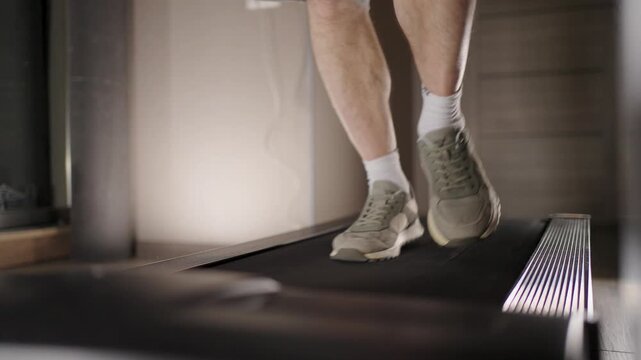 Man standing on treadmill side rails during break in workout. Close-up of a person feet in sneakers resting on the side of a treadmill. Taking a break or finishing a cardio session in a gym