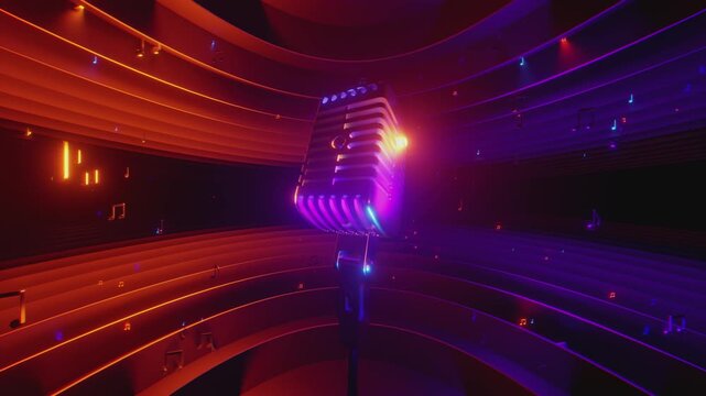 4K seamless VJ loop with glowing microphone and floating music notes for karaoke bars, VJ sets, high-tech club visuals, electronic music festivals, stage screens and for LED video walls.