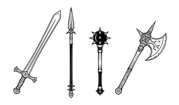 Medieval fantasy weapons illustration &ndash; sword, spear, mace, and battle-axe