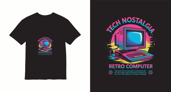 Retro computer tech nostalgia design with vintage monitor and keyboard and mouse in vibrant neon colors