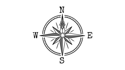 Vintage Compass Rose Vector Icon: A Minimalist Hand-Drawn Black Line Illustration on a White Background Representing Nautical Navigation, Travel, Adventure, and Directional Orientation Symbol. © Faria